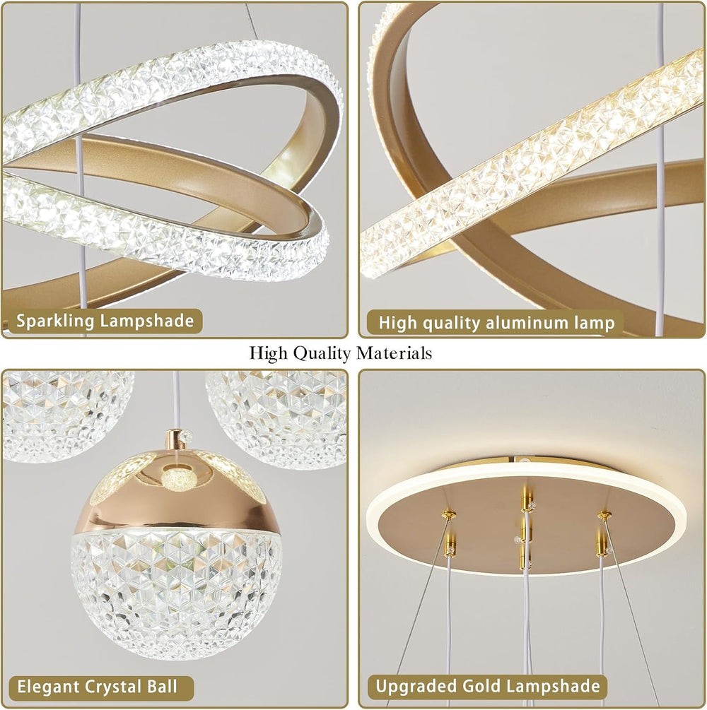 Gold LED Chandeliers, 3-Color Dimmable Pendant Light Dining Room Light Fixtur...