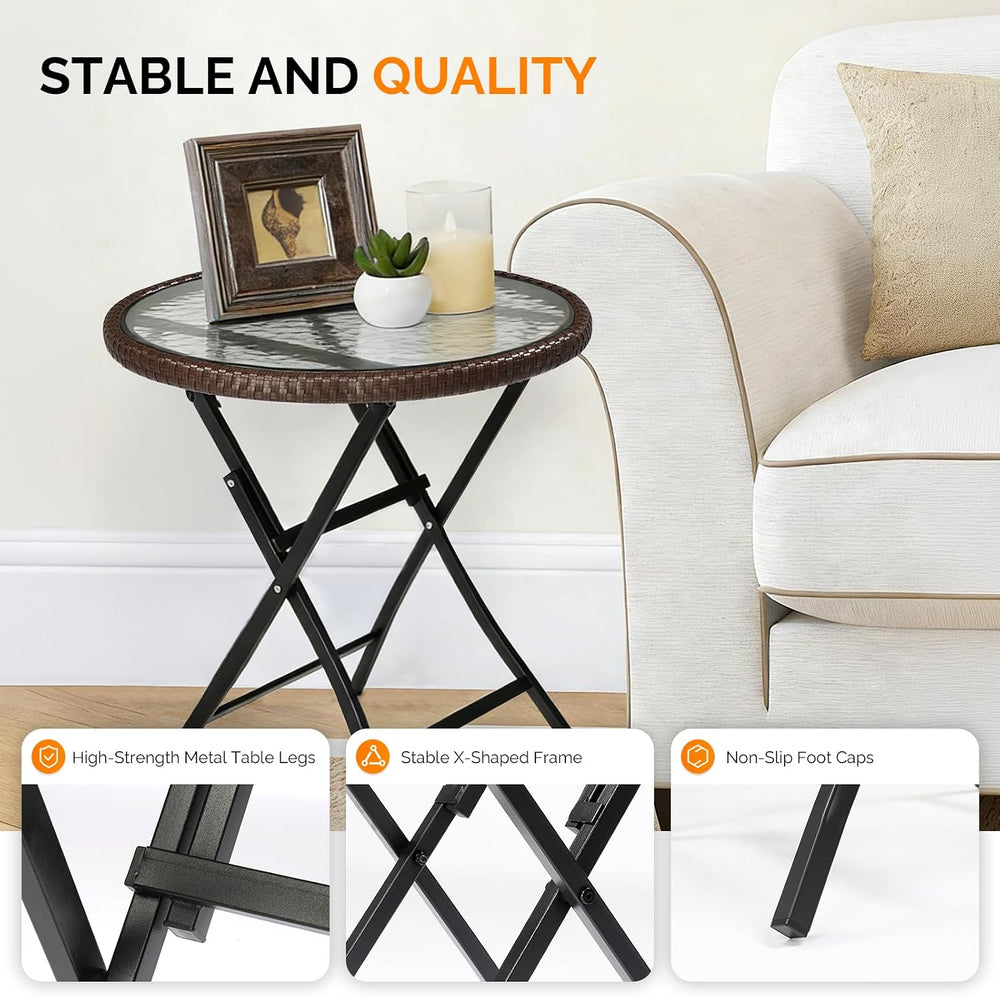 VINGLI 23.6in Modern Brown Rattan Folding Glass Outdoor Side Table, Small Pat...