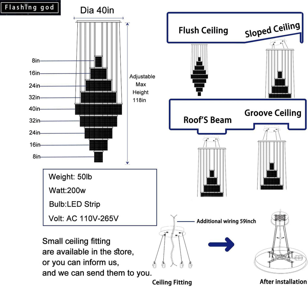 Flashing God H120'' Large 9-Tier Crystal Chandelier for High Ceiling ...