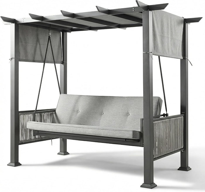 Pamapic 2-in-1 Convertible Porch Swing Bed, 3-Seat Elegant Patio Swing with Wicker Armrests, Outdoor Chair with Adjustable Canopy for Balcony, Garden, and Poolside, Gray