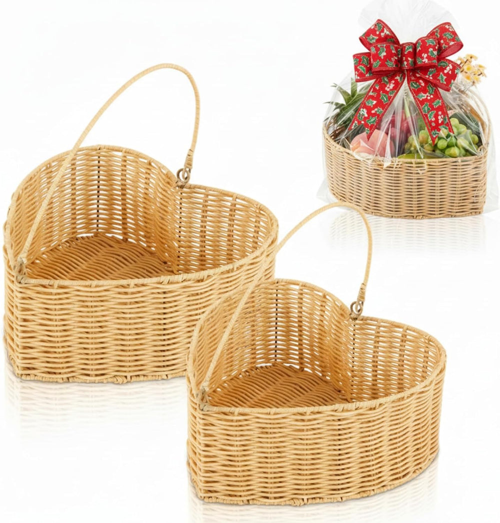 Qinyoung 2 Pcs Heart Wicker Picnic Basket with Handle Medium and Small Heart ...