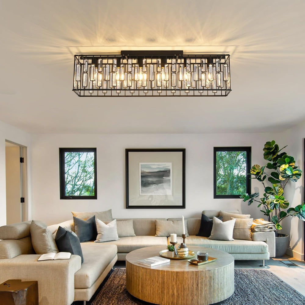 Garwarm 38.7 Inch Crystal Chandelier, 6-Light Black Rectangle Ceiling Light