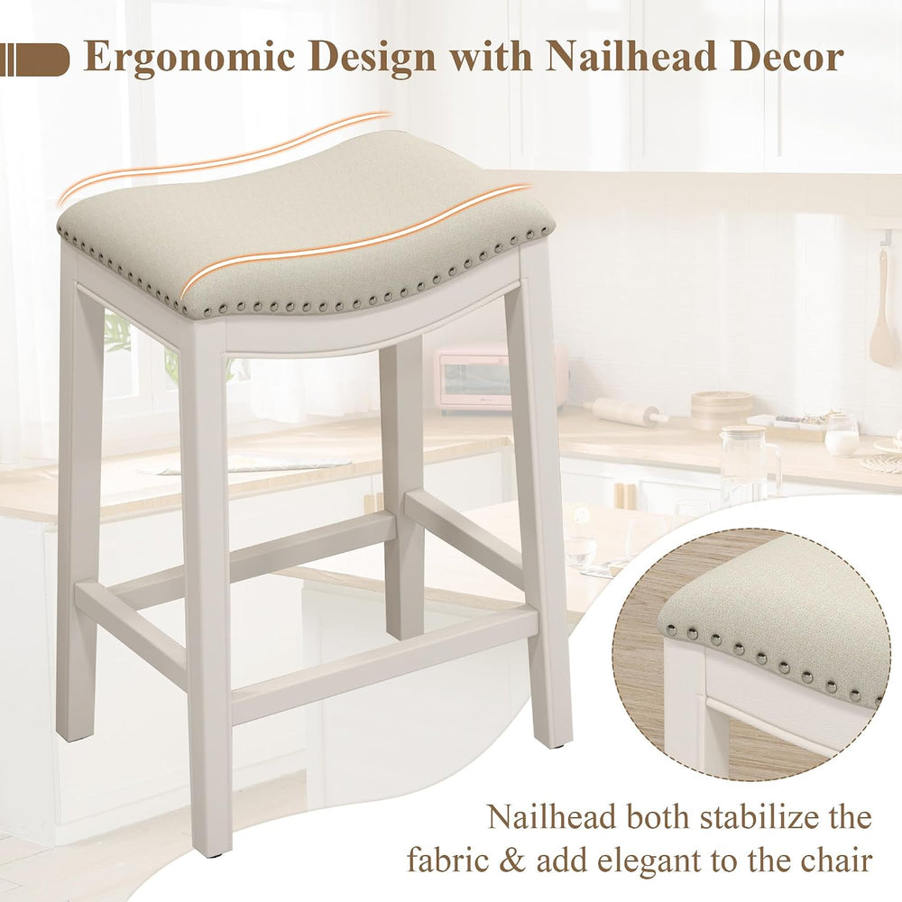 27" Backless Saddle Counter Stools Set of 4, Hand-brushed Wood Finish Legs
