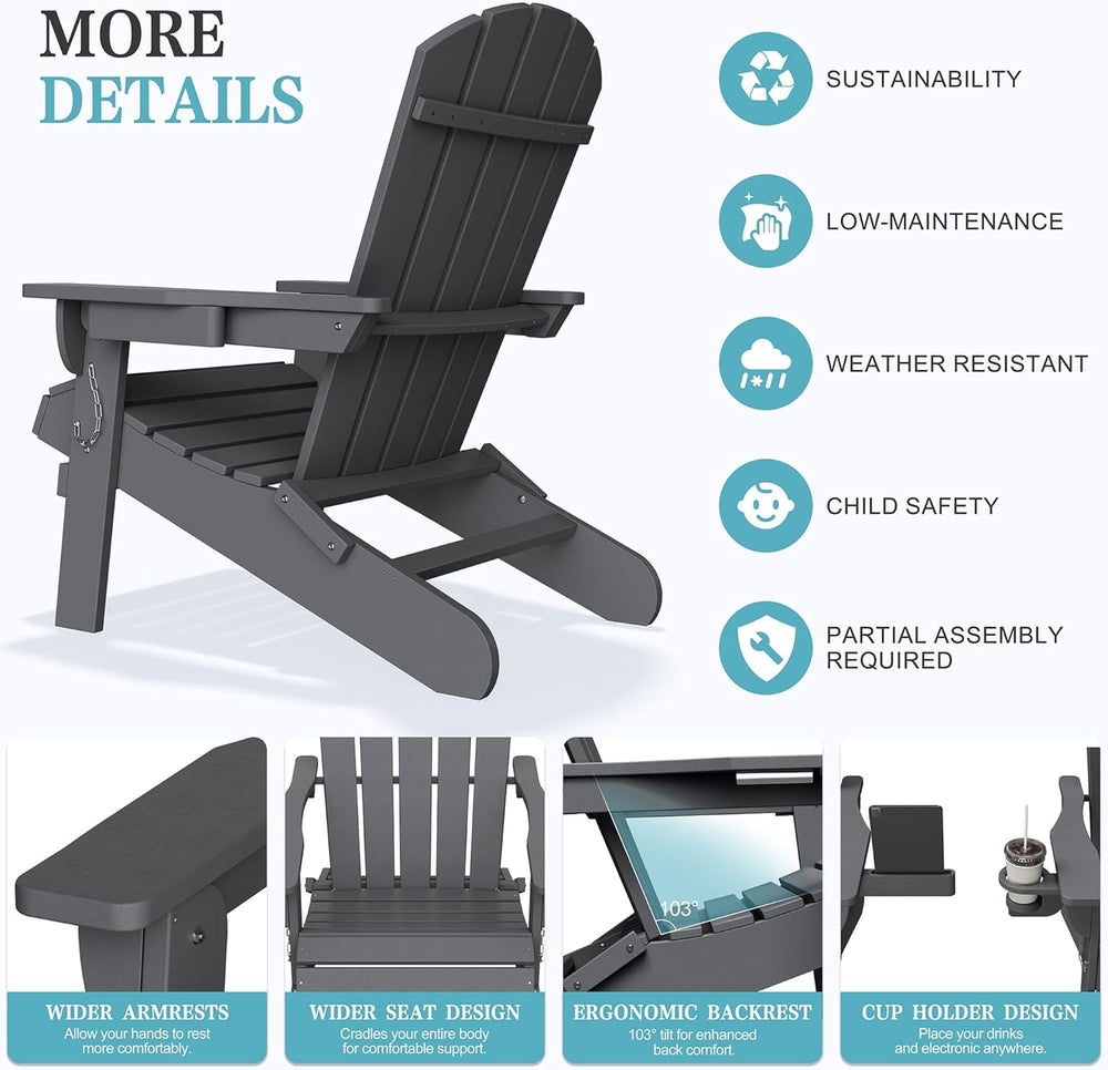 Shintenchi Folding Adirondack Chair,HDPE All-Weather Patio Chair with Cup Hol...