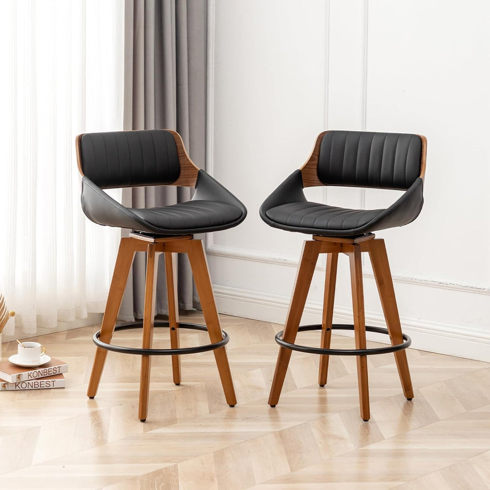 LUNLING Swivel Bar Stools,Mid Century Modern Black Faux Leather Upholstered C...