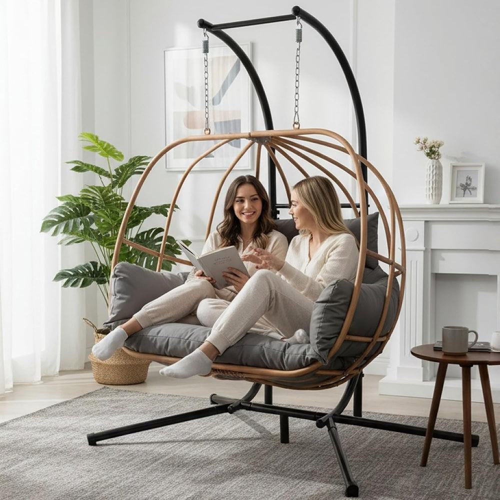 Double Egg Chair with Stand, Oversized Egg Chair Outdoor, 2-Person Hanging Eg...