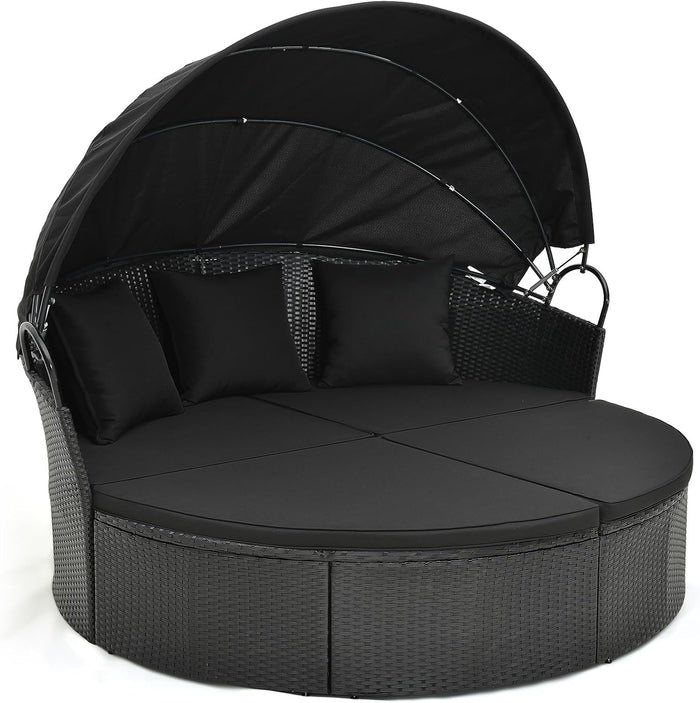 Tangkula Outdoor Patio Round Daybed with Retractable Canopy, Black Rattan Wicker Furniture Sectional Seating with Cushions and Throw Pillows, Seating Separates Cushioned Seats for Backyard (Black)