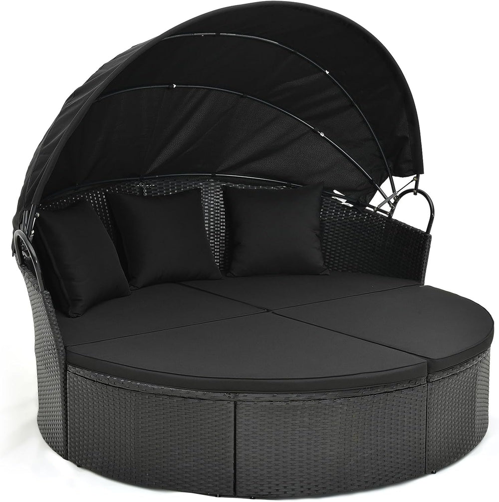 Tangkula Outdoor Patio Round Daybed with Retractable Canopy, Black Rattan Wic...