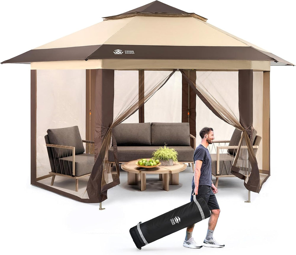 CROWN SHADES 13x13 Pop Up Gazebo with Mosquito Nettings, Beige&Coffee