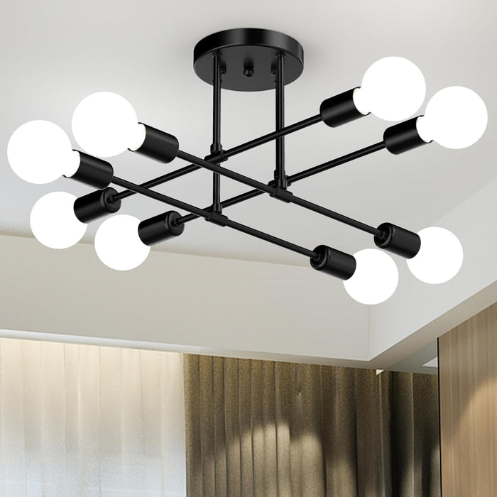 Phaosio Modern Sputnik Chandelier Ceiling Light Fixtures, 5.9" Ceiling Canopy, 8-Lights Mid Century Industrial Metal Semi Flush Mount for Dining Room, Bedroom, Living Room-Black