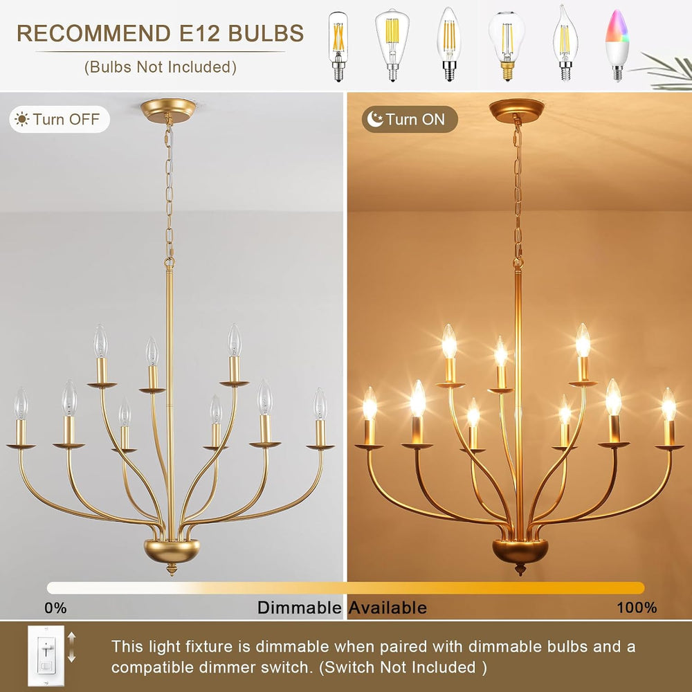 9-Light Gold Chandelier for Dining Room Light Fixtures, Mid Century Modern Fa...