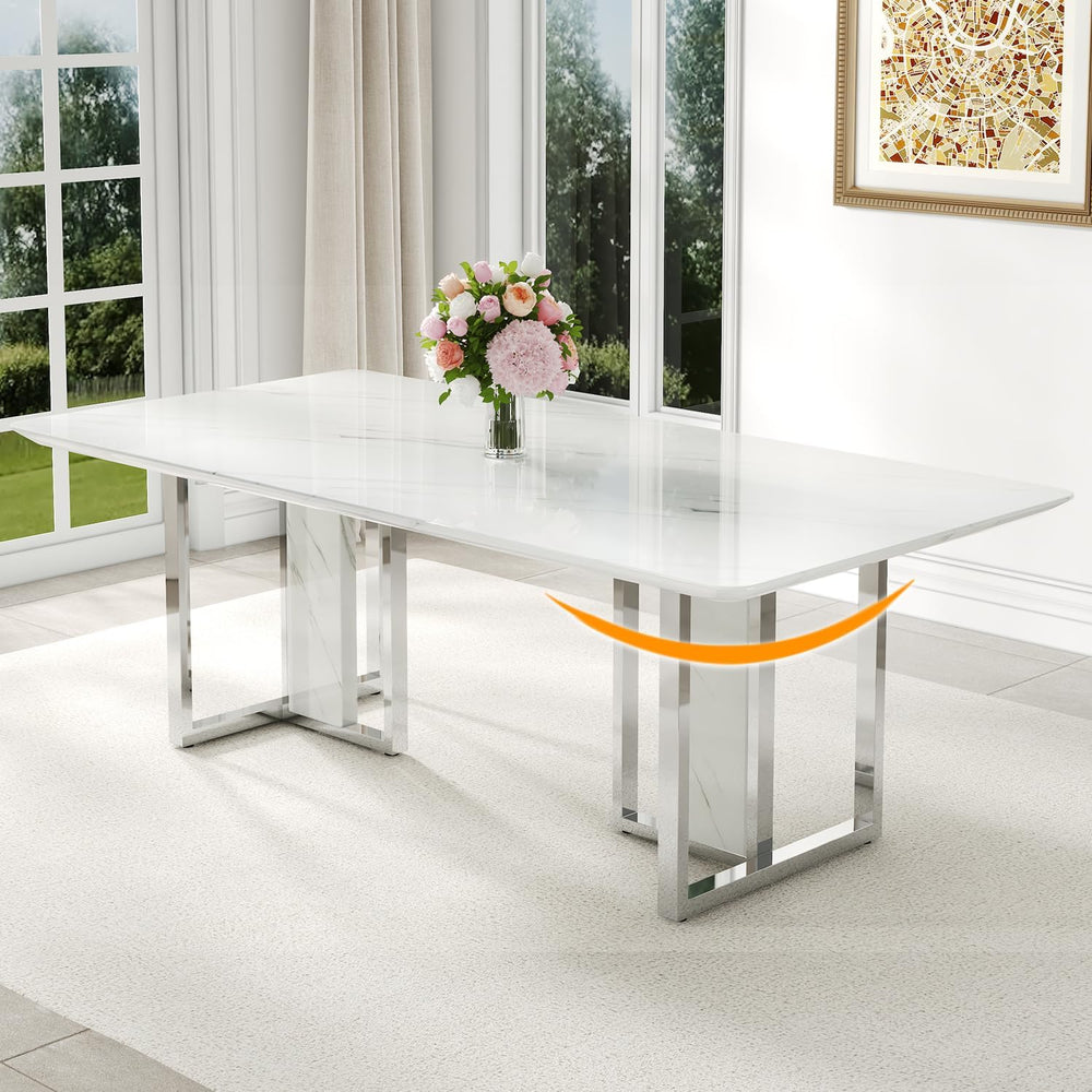 79 Inch Faux Marble Dining Table, White Rectangular Kitchen Dining Table, 1.8...