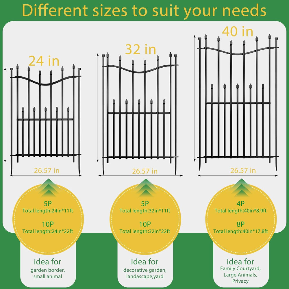 10 Panels No Dig Decorative Garden Fence, 32in(H)×22ft(L) Heavy-Duty Rustproo...