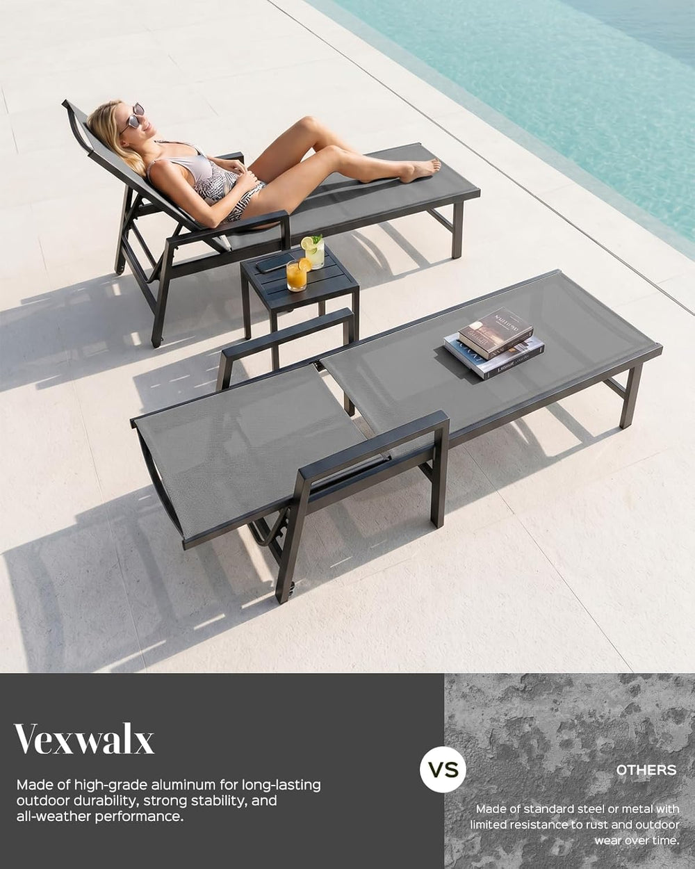 Vexwalx Patio Chaise Lounge Chair Outdoor with Wheels&Armrests, Aluminum ...