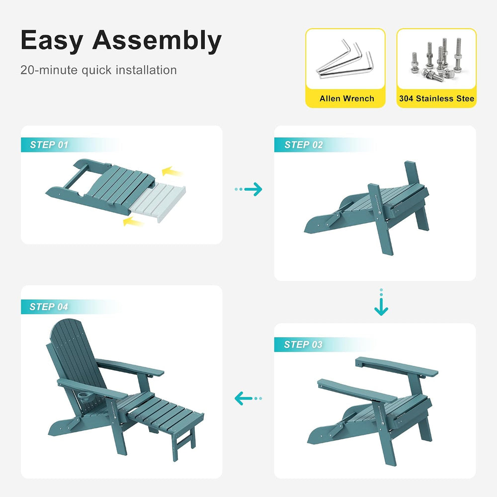 HDPE Folding Adirondack Chair with Footrest, 3-Position Adjustable