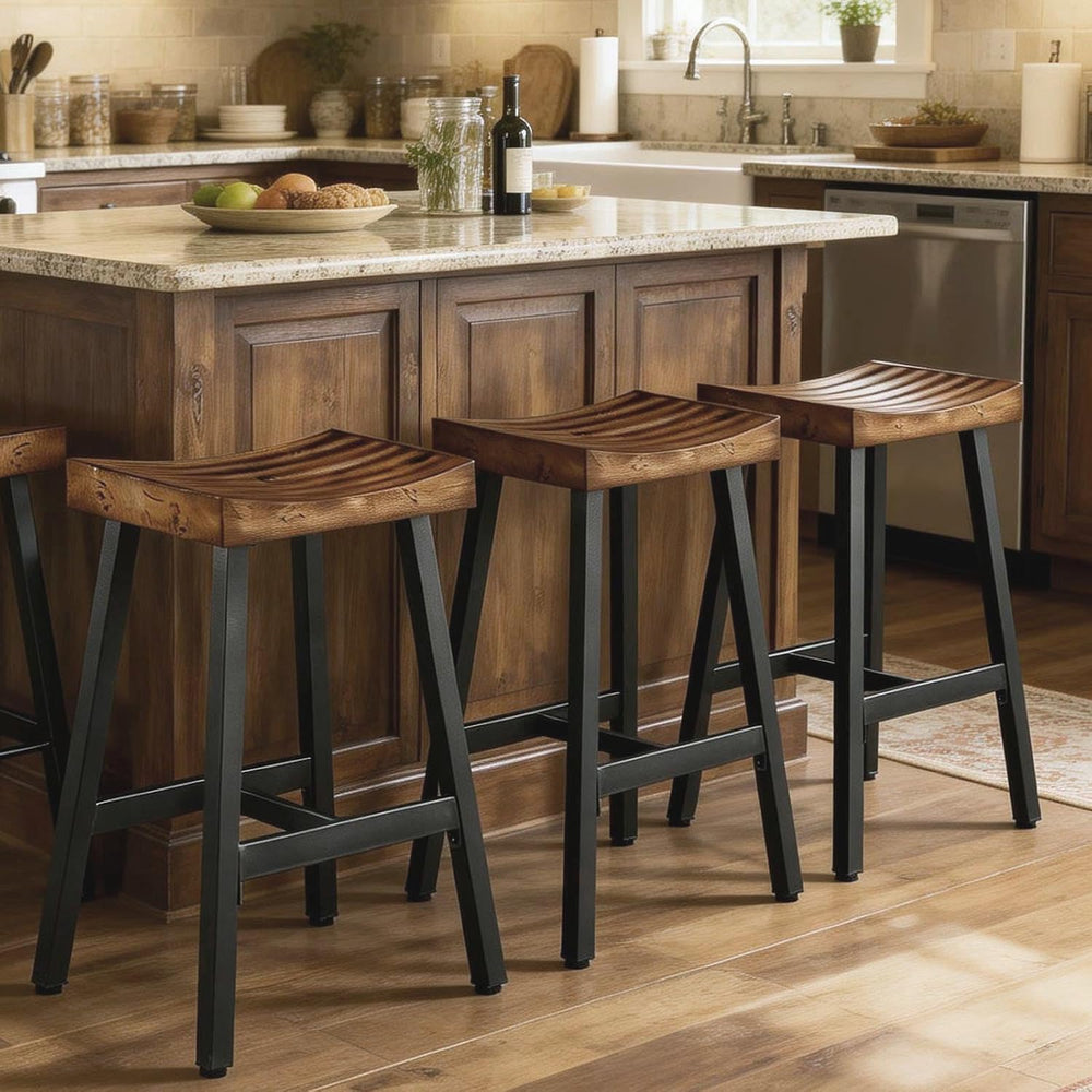 Rustic Farmhouse Wood Bar Stools Set of 3, 25" Backless Counter Barstool...