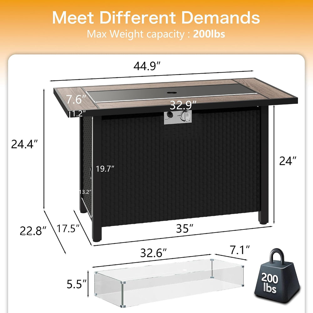 45in Fire Table, Propane Fire Pit with Glass Wind Guard and Rain Cover, Outdo...