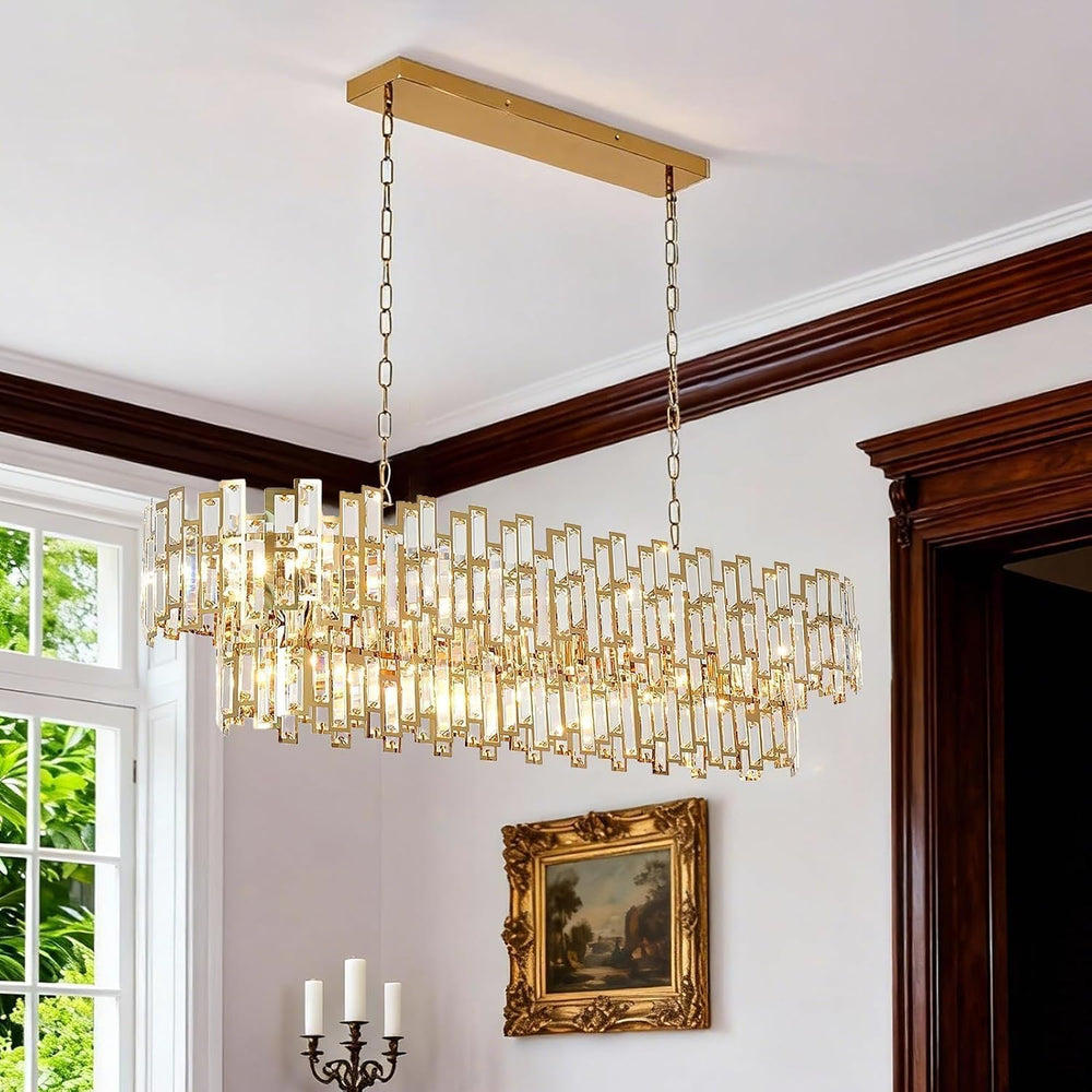 51 Inch Modern Large Crystal Chandelier Light Luxury Gold Rectangular Chandel...