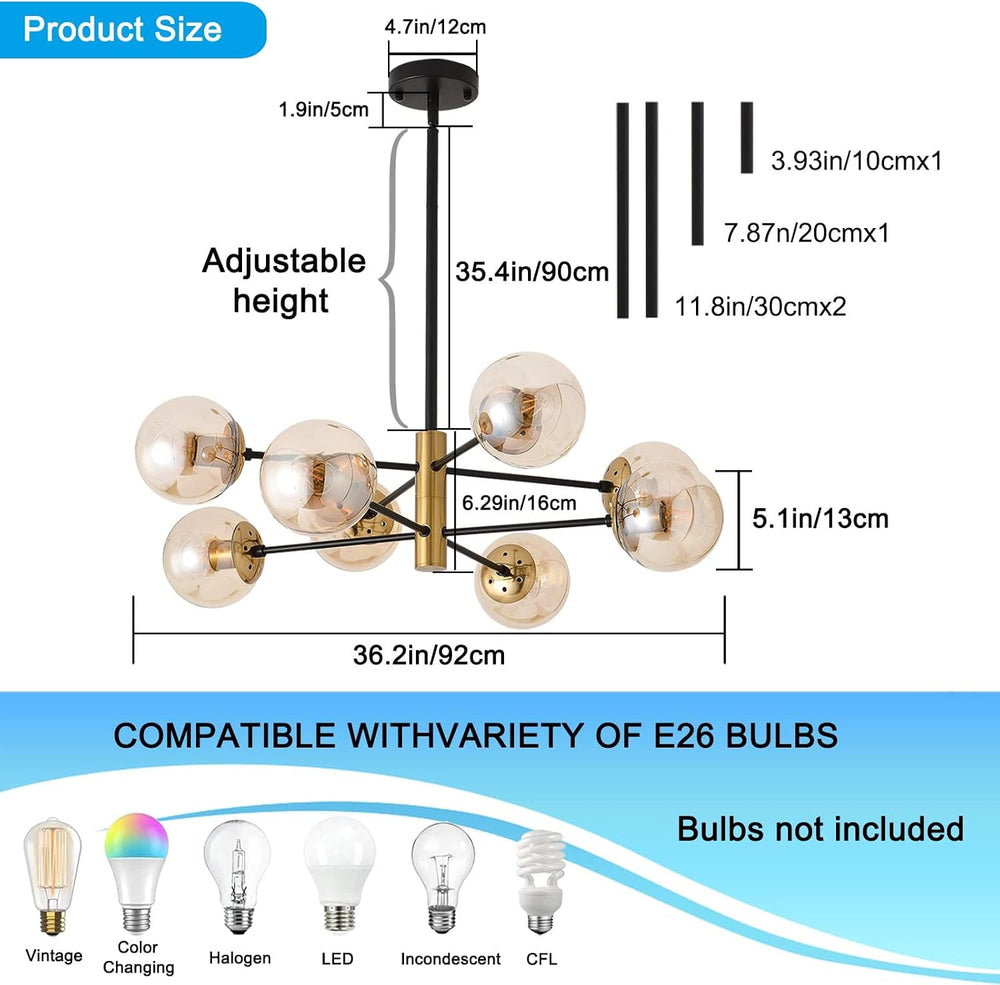 8 Lights Modern Sputnik Chandeliers, Mid Century Light Fixture with Glass Sha...