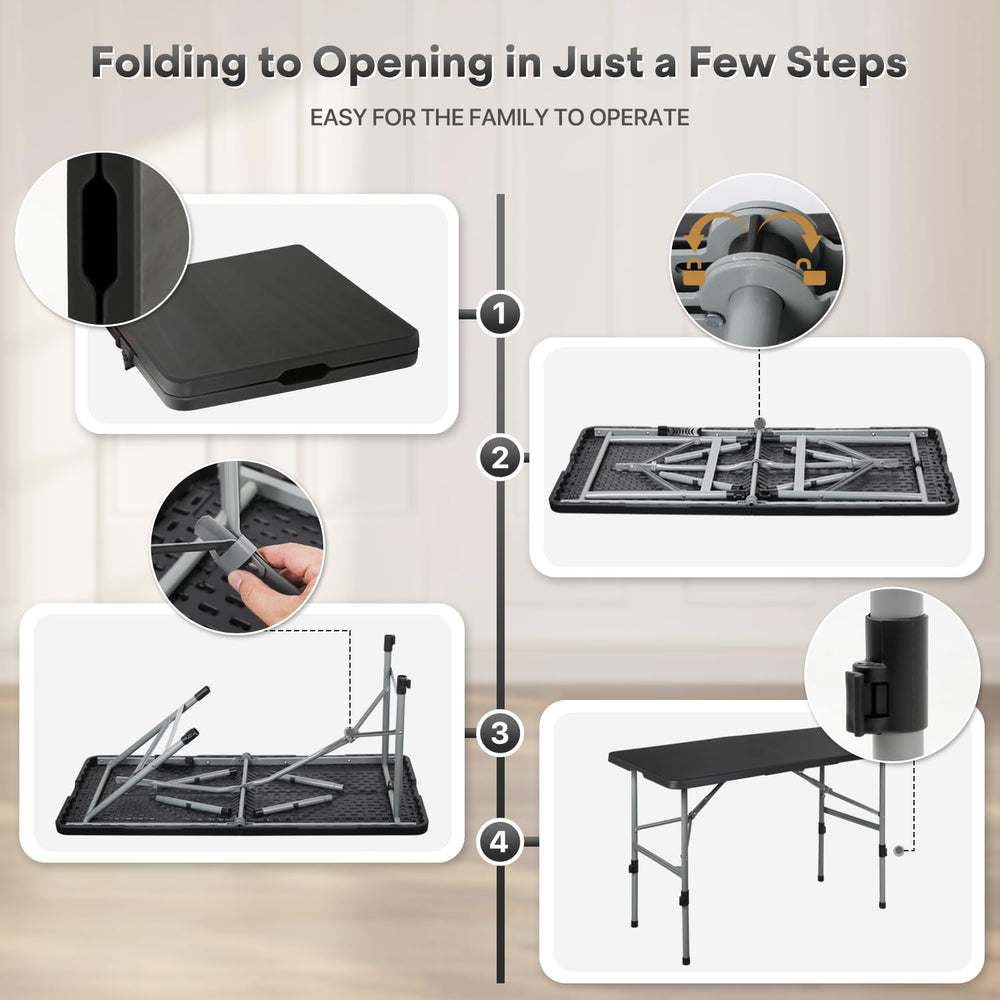 Athena Collection 4ft Folding Table Plastic Fold-in-Half Table, Black