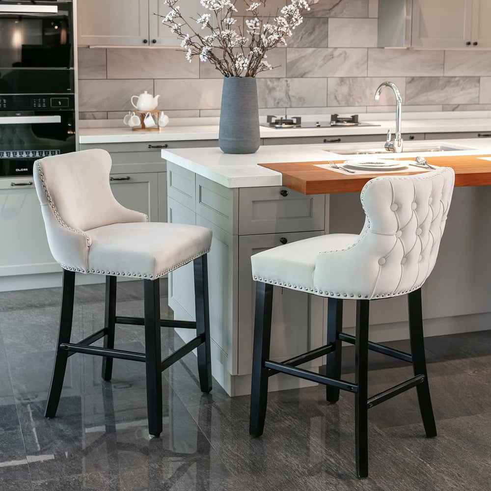 Bar Chairs Set of 2, Velvet Upholstered Bar Stools with Button Tufted Back De...