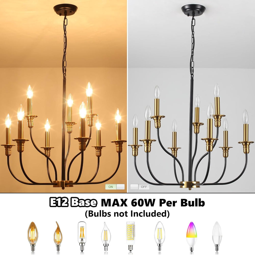 9-Lights Black and Gold Chandelier, 2-Tier Farmhouse Chandeliers 25.98"