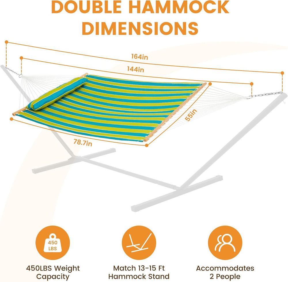 Lazy Daze Double Quilted Hammock with Pillow and Carabiners, Green Stripe