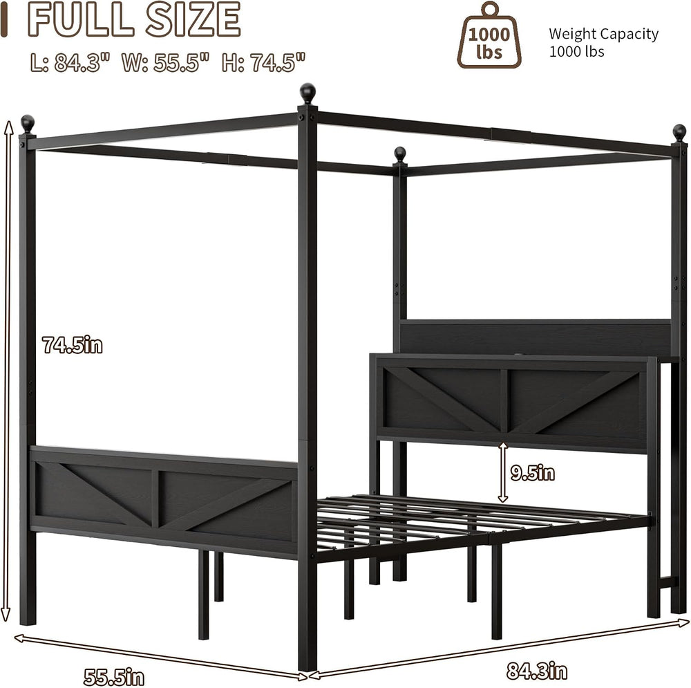 Canopy Bed Frame Full Size with Storage Headboard, Black