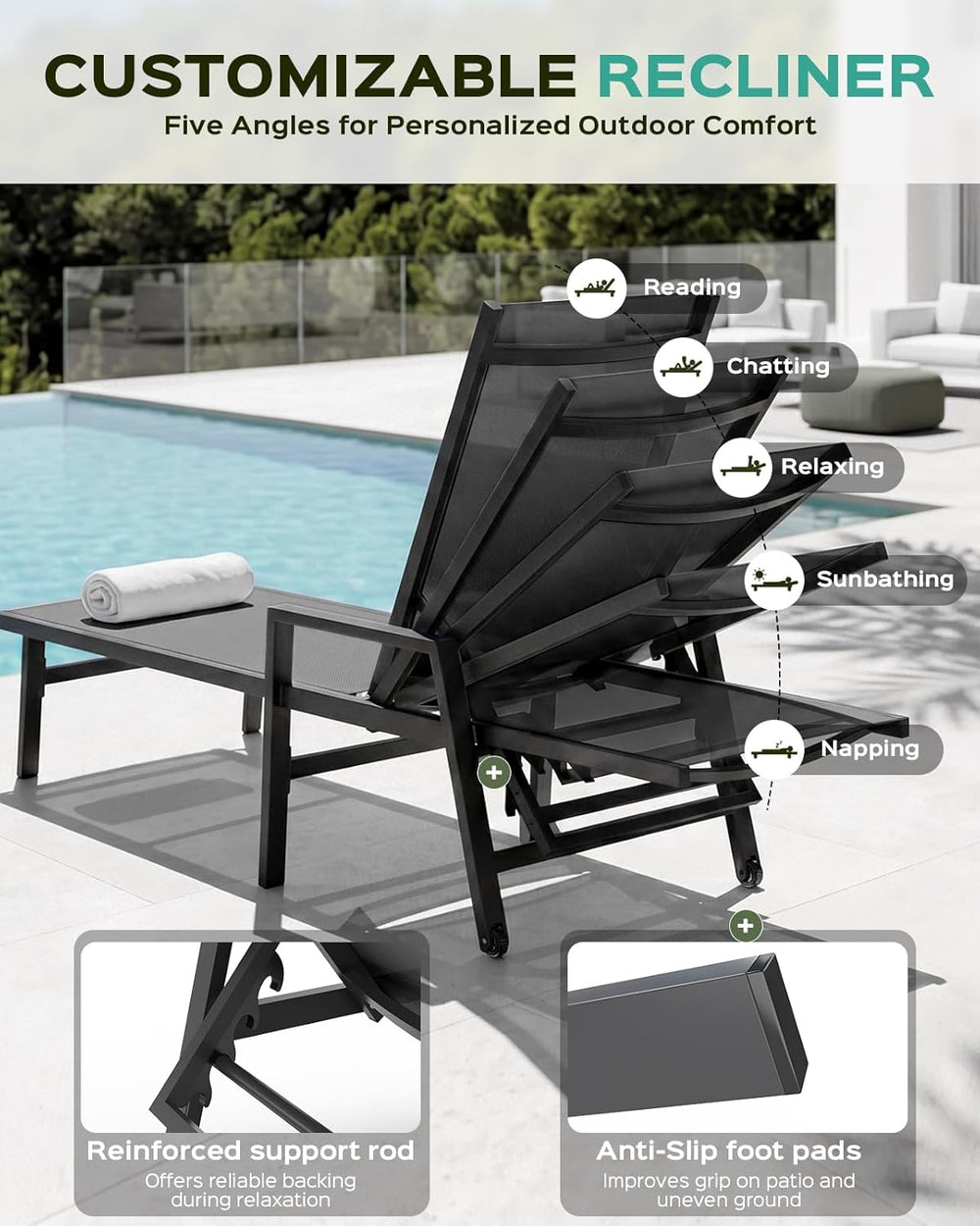 Vexwalx Patio Chaise Lounge Chair Outdoor with Wheels&Armrests, Aluminum ...