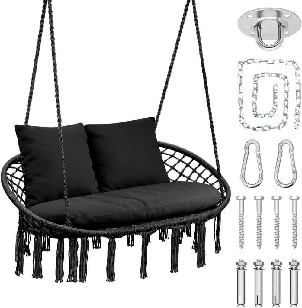 Magshion 2-Person Macrame Hanging Hammock Swing Chair, Black