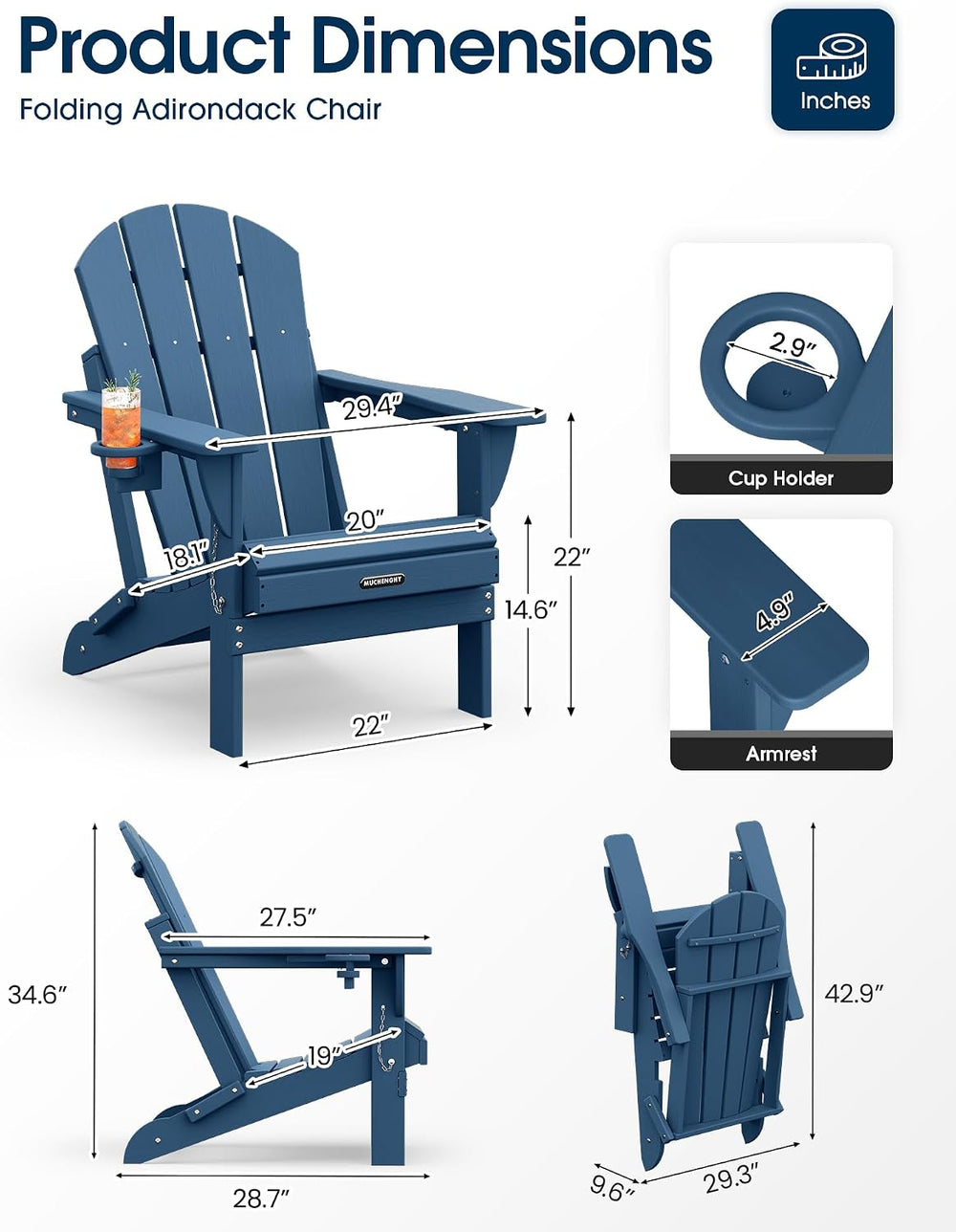 MUCHENGHY Folding Adirondack Chairs Set 4, HDPE for Fire Pit, Navy Blue (Set ...