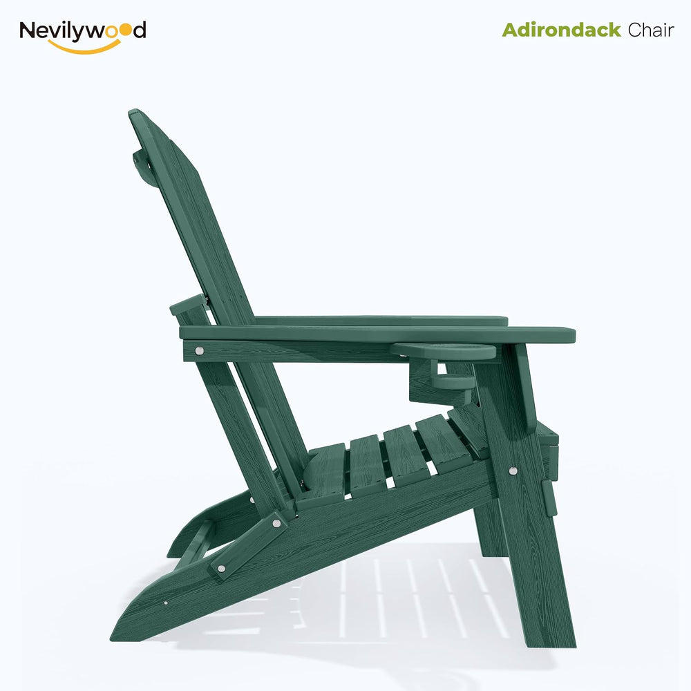 nevilywood Folding Adirondack Chairs Set of 2, HDPE Cup Holders, Green