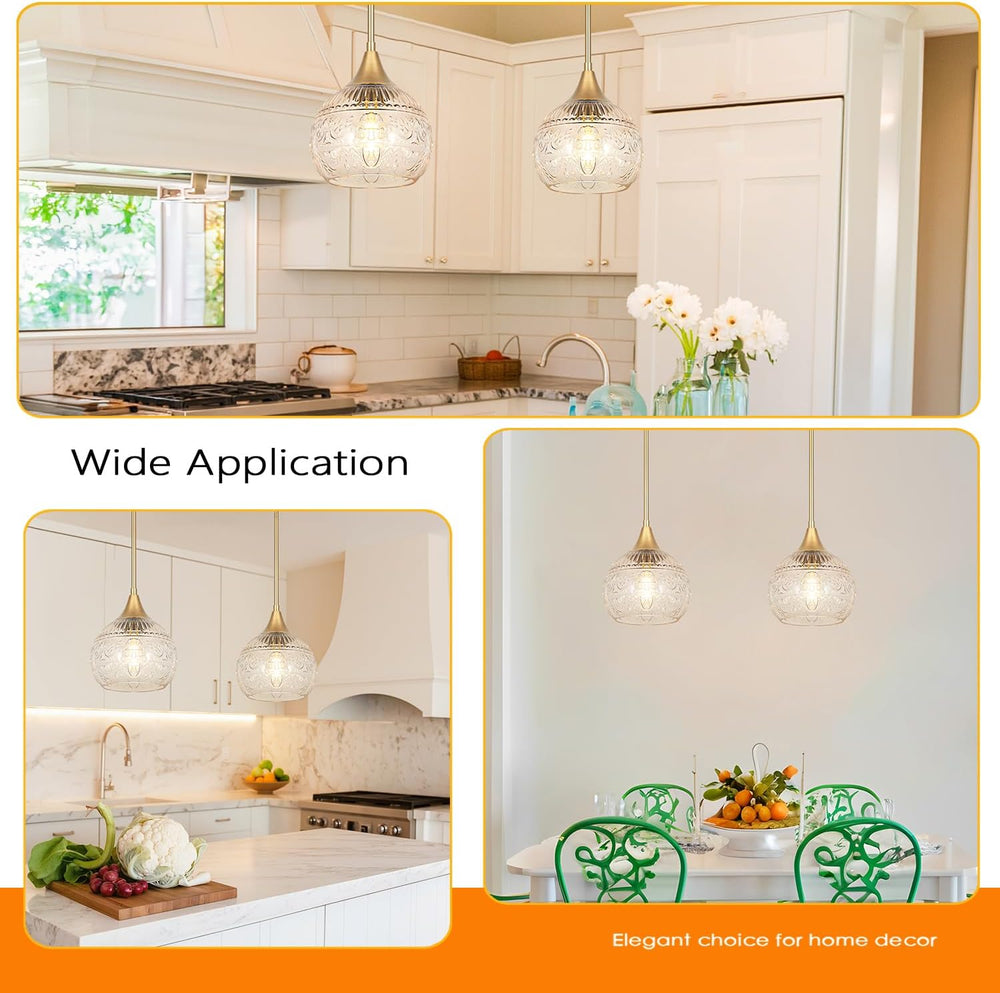 DSMJFU Gold Vintage Glass Pendant Lights for Kitchen Island, Sink Set of 2