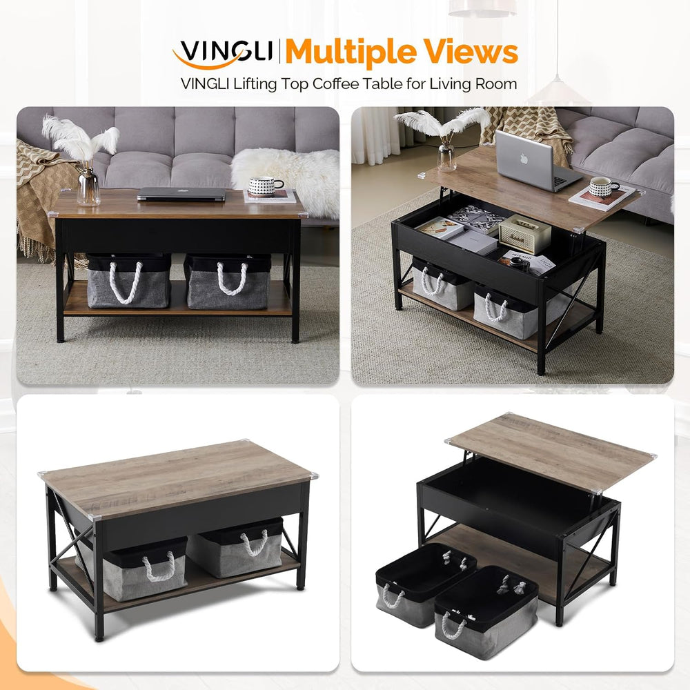 VINGLI 36" Lift Top Coffee Table with Free Cloth Storage Bins, Rustic Fr...