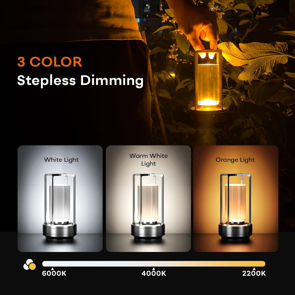 Rechargeable Cordless Small Metal Table Lamp, Stepless Dimming, 3-Color
