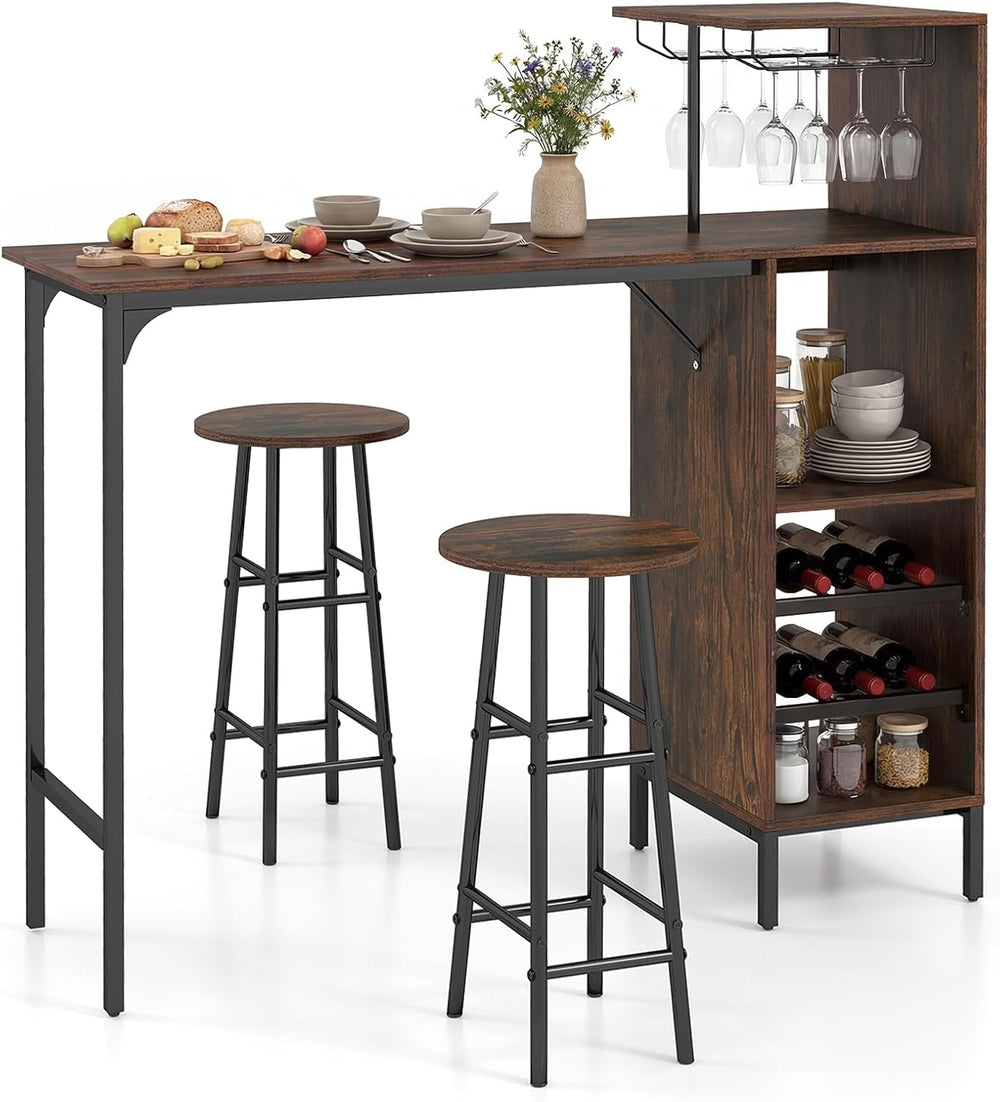 COSTWAY 3 Pieces Bar Table and Chair Set, Industrial Pub Table & Stools
