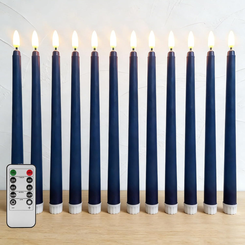Navy Blue Flameless Taper Candles LED Candlesticks with Remote Set of 12