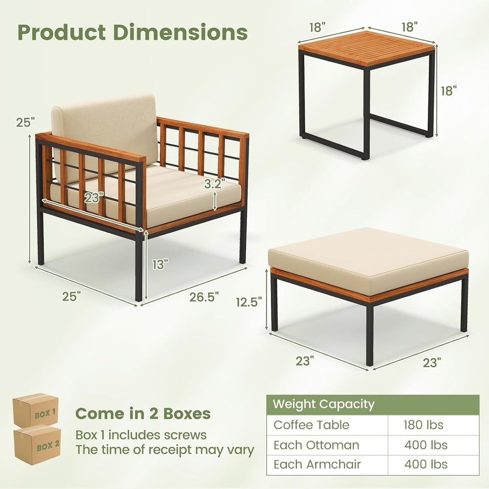 Tangkula 5 Pieces Acacia Wood Patio Furniture Set with Ottomans, Outdoor Conv...