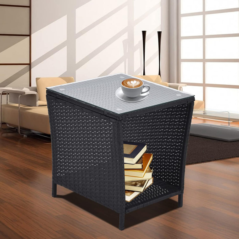 Patio Wicker Storage Side Table,Outdoor PE Rattan Woven Coffee End Table with...