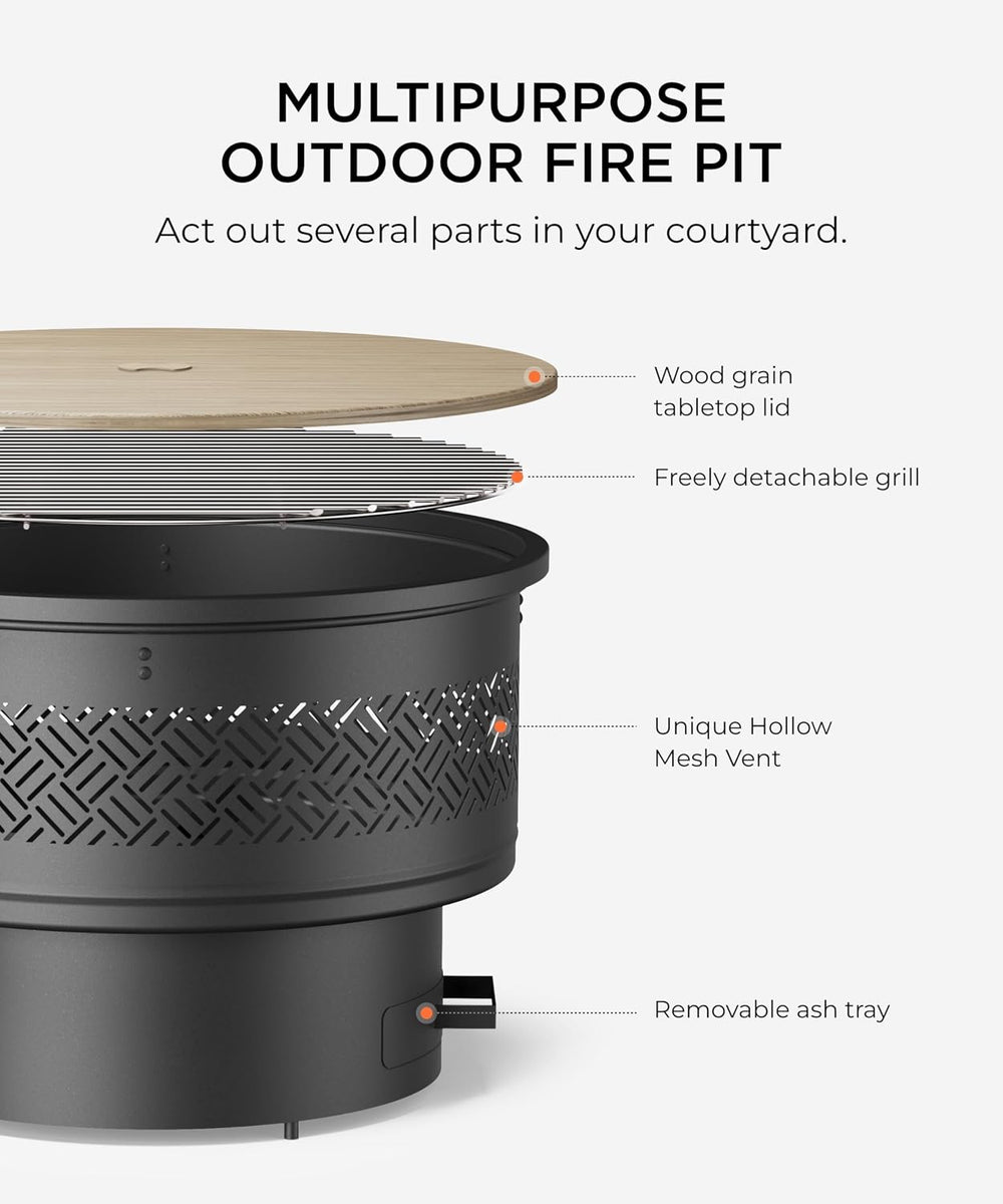 26 inch Fire Pit with Grill & Lid, Firepits for Outside Wood Burning Fire...