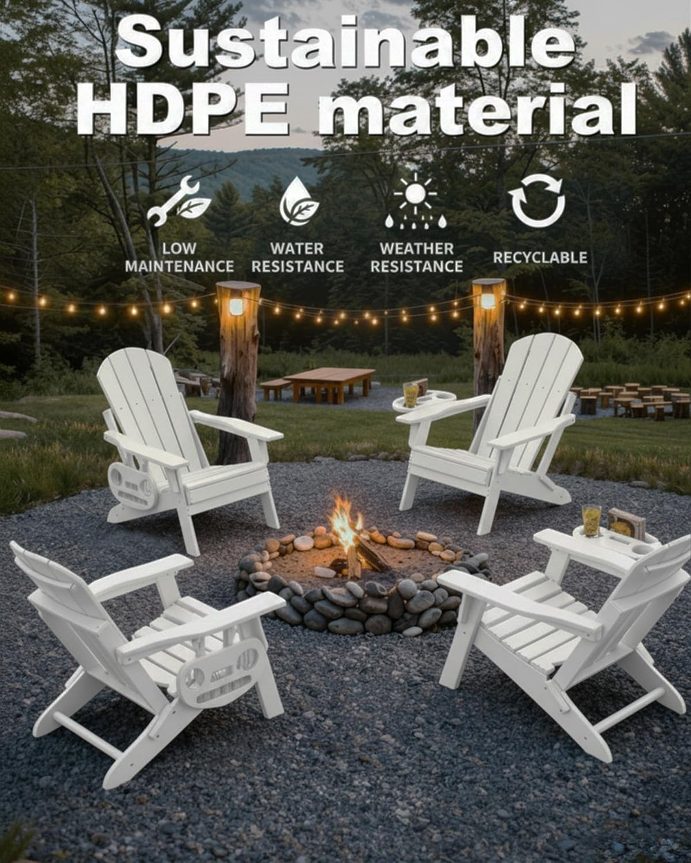 NAVINE Adjustable Adirondack Chairs Set of 4 with Cup Holders, White