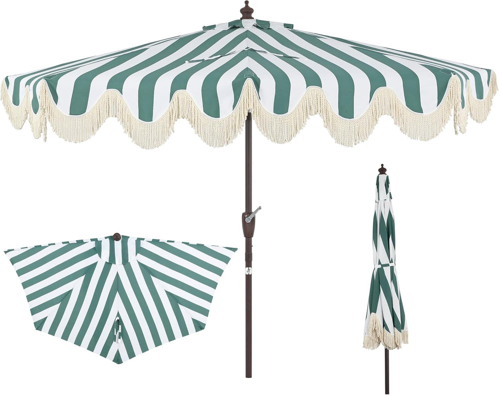 JONATHAN Y Beverly 9 ft. Striped Half Umbrella, Green/Dark Brown