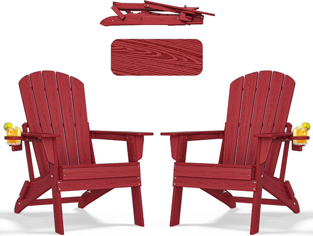 nevilywood Folding Adirondack Chairs Set of 2, HDPE Cup Holders, Red