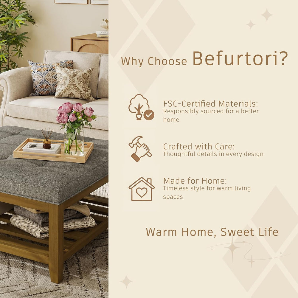 Befurtori Large Square Ottoman Coffee Table, Linen Solid Upholstered Footrest...