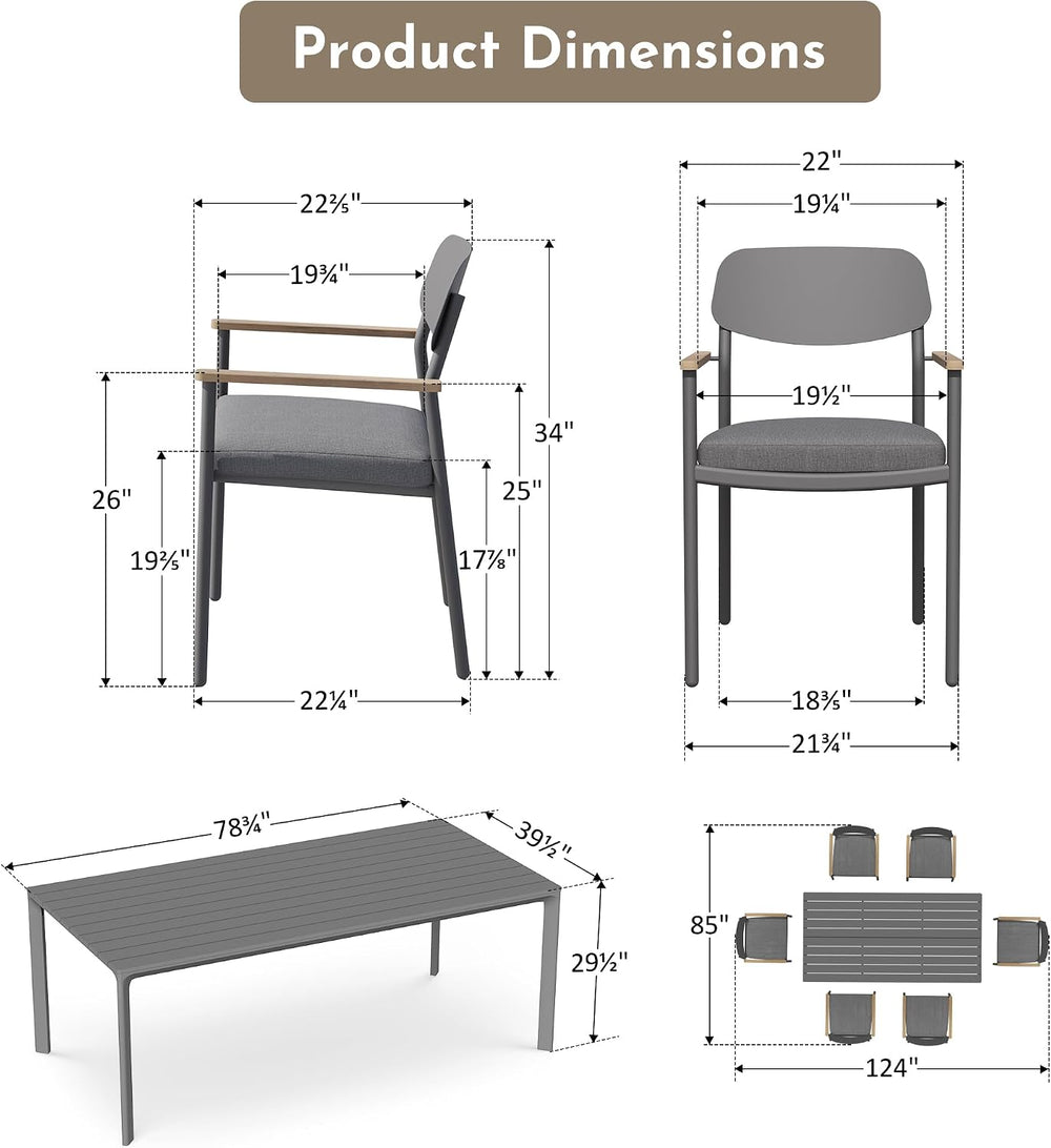 Modern Shade Luxury Outdoor Dining Set for 7, Outdoor Table and Chairs Set wi...