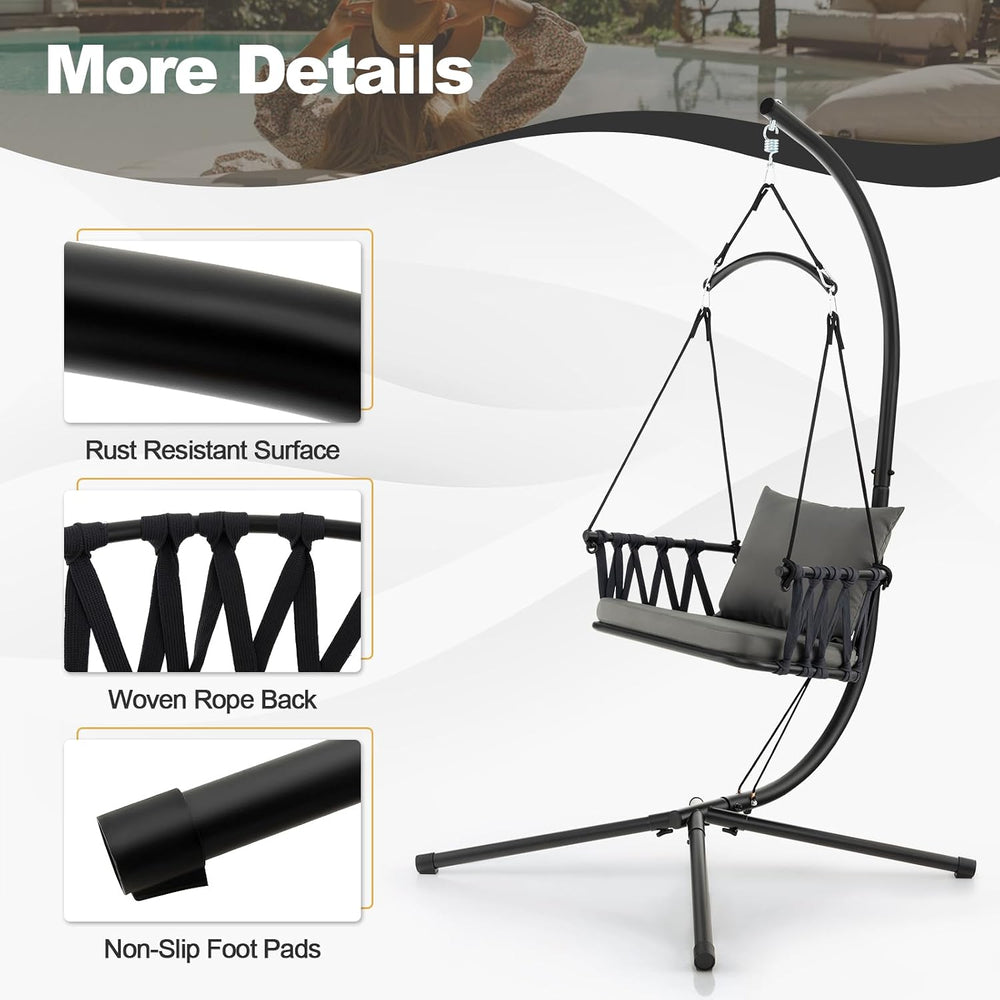 Tangkula Folding Swing Chair with Stand, Hanging Egg Chair with Cushion, Pill...