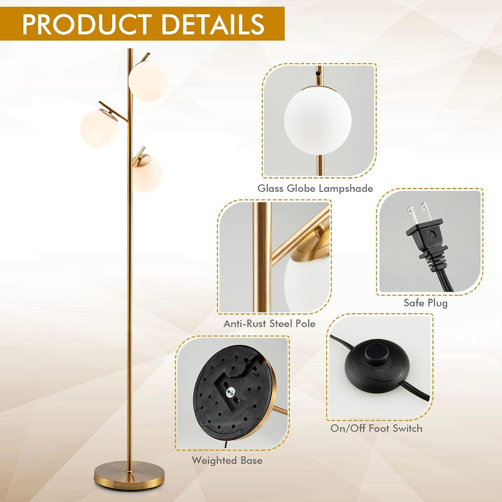 Tangkula 3-Globe Floor Lamp, Modern Freestanding Lamp w/Foot Switch & 3 E...
