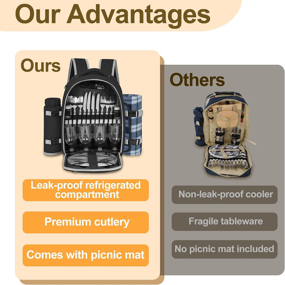 Picnic Backpack for 4 Persons with Insulated Leakproof Cooler Compartment, Cu...