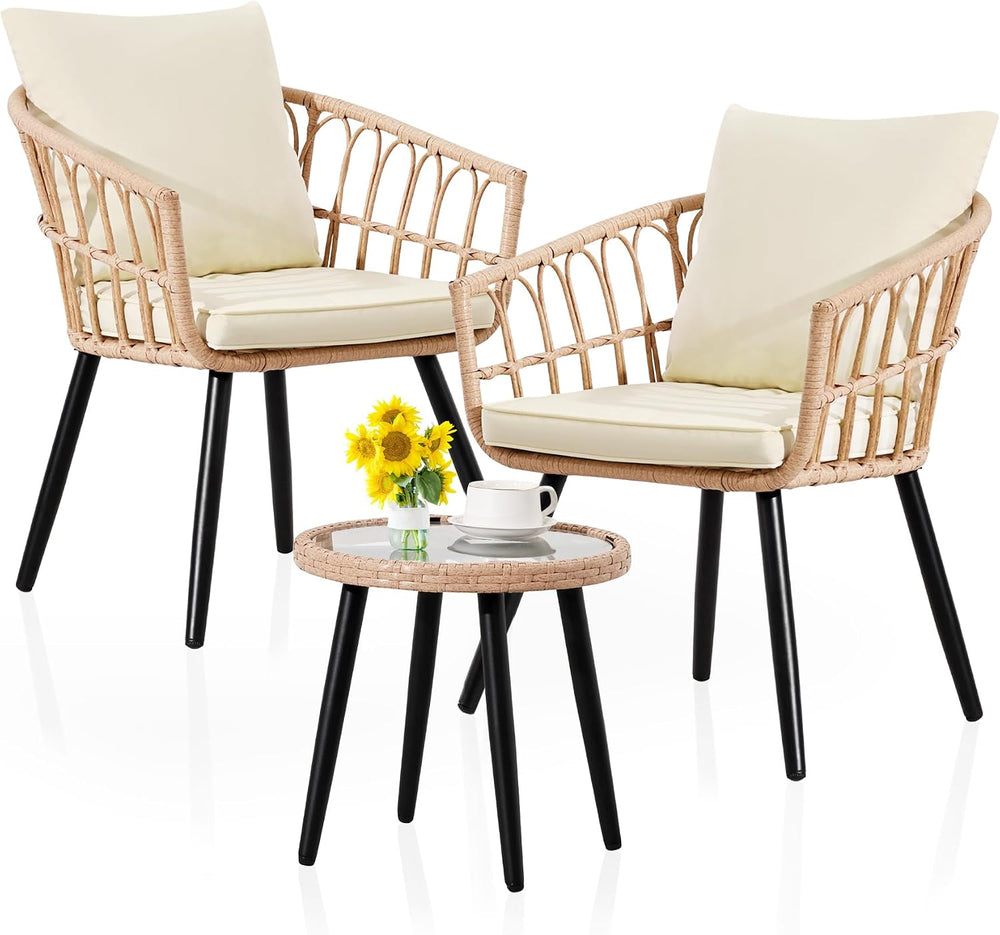 FHFO 3 Piece Patio Bistro Set, Wicker Table and Chairs Set of 2, Beige