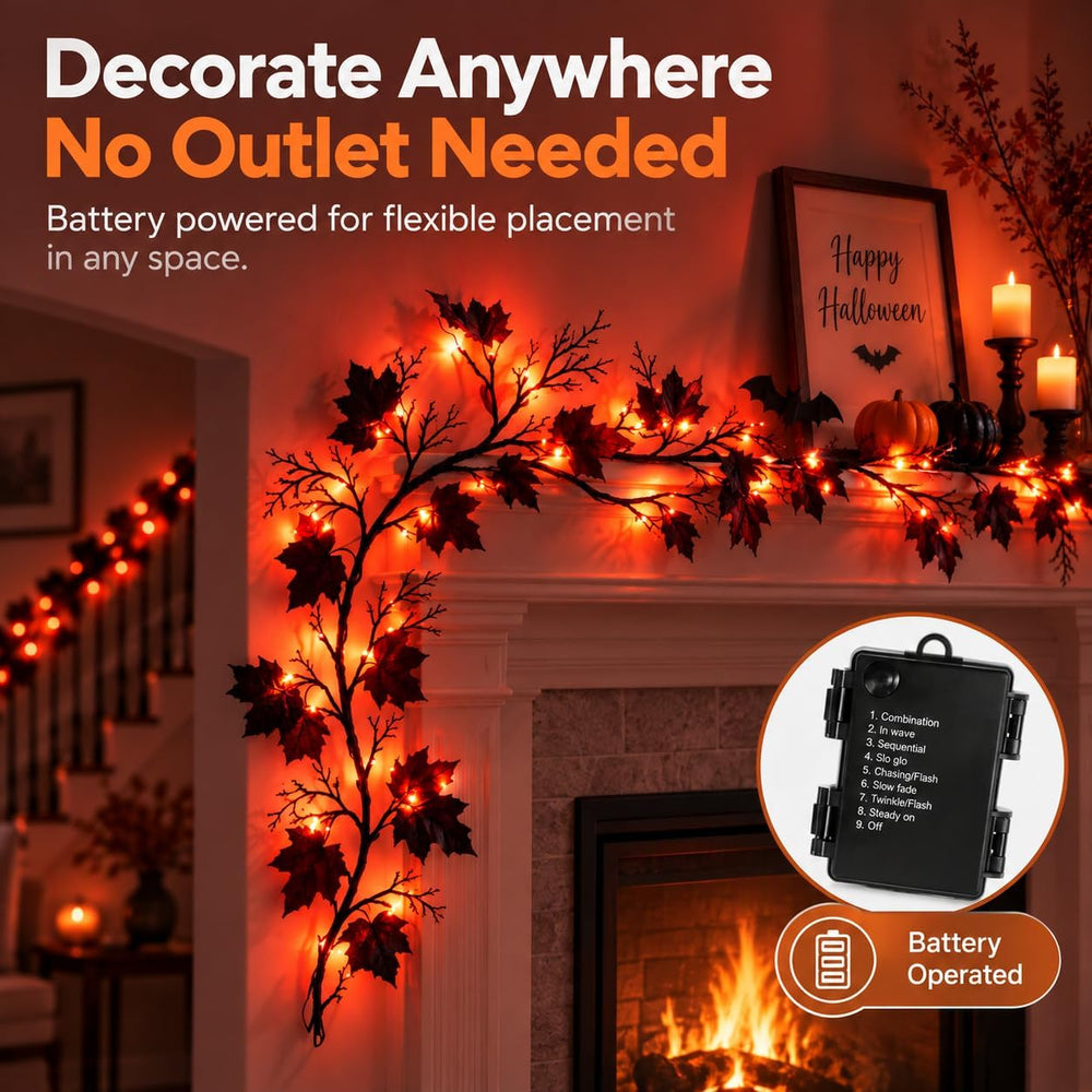 Halloween Garland with Orange Lights, 9 FT Black Maple Leaves, 72 LEDs